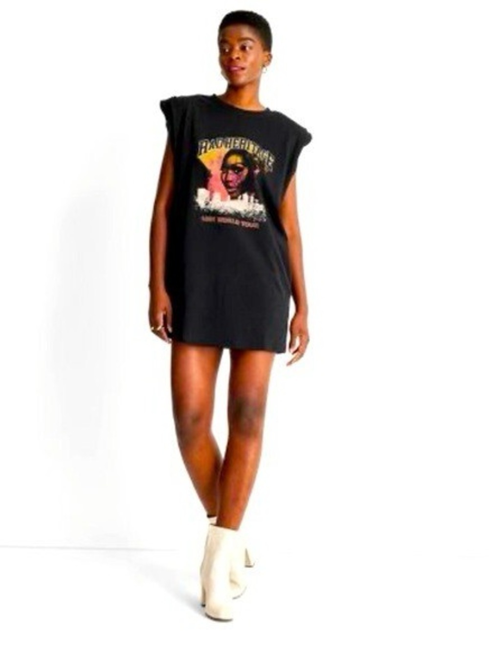 XS FUTURE COLLECTIVE Kahlana Barfield Brown Power Shoulder Graphic Shift Dress
